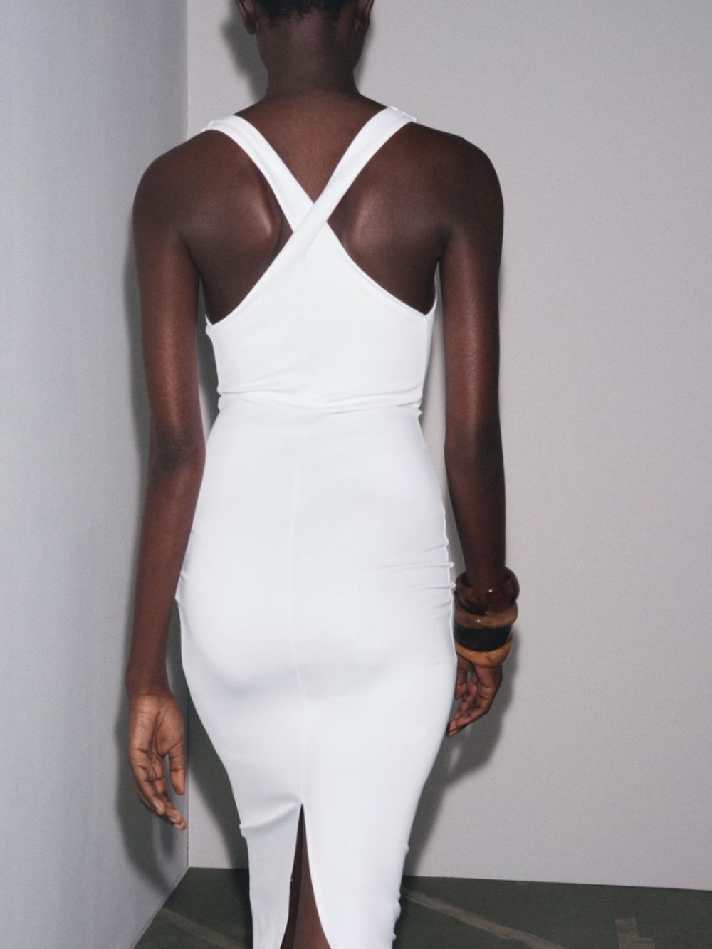 Zara White Cross-Back Midi Bodycon Dress